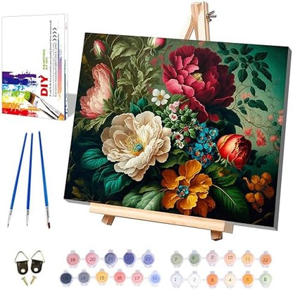 Peony Paint by Numbers for Adults with Framed Canvas - with Wooden Easel by xackcme