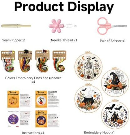 Halloween Embroidery Kit, Skeleton Cross Stitch Kits, 4 Set Craft Kits for Beginners with Pre-Printed Embroidery Fabric, Hoops, Step-by-Step Instructions, Color Threads & Needles (Halloween-4 Set) - Image 7