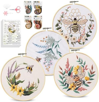 Santune 4 Pack Embroidery Kit for Beginners,Needlepoint Cross Stitch Kits for Adults,Needle Point Sets with Bee Flower Pattern Stitch Video Tutorial by Santune