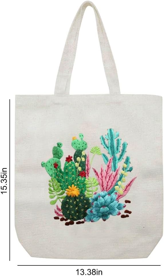 KABAKE Canvas Tote Bag Embroidery Kit for Beginners, Arts and DIY Crafts Starter Kit, Includes Stamped Bag, Threads, Tools (Beige With Cactus)