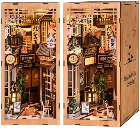 Book Nook Kit, DIY Miniature House Kit for Adults & Teens, Japanese Alley Scene Bookshelf Insert Decor with LED, 3D Wooden Puzzle Gift for Book Lovers (Cat Alley) by Reenovan
