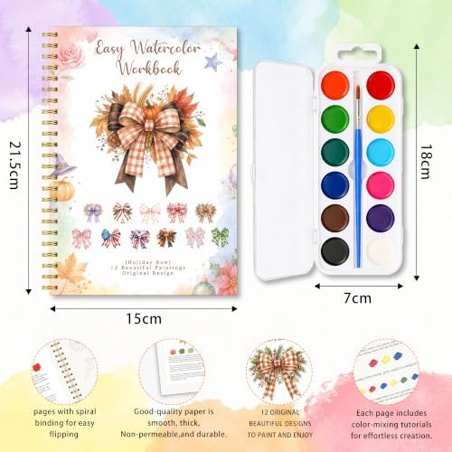 Holiday Bow Watercolor Workbook for Beginner, Watercolor Book with 12 Pretty Holiday Bow Pumpkin Halloween Christmas Patterns, Water Coloring Book Set with Palette and Brush, Christmas Gift for Girls - Image 2