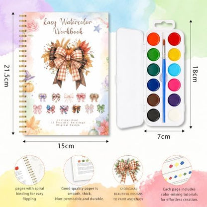 Holiday Bow Watercolor Workbook for Beginner, Watercolor Book with 12 Pretty Holiday Bow Pumpkin Halloween Christmas Patterns, Water Coloring Book Set with Palette and Brush, Christmas Gift for Girls - Image 2