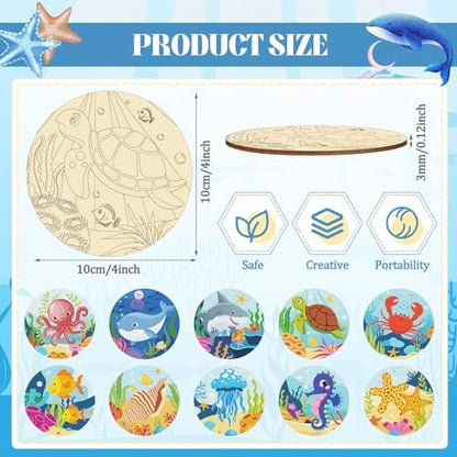 Reallnaive 45 Pcs Ocean Wooden Coasters Painting Kit, 4 Inch Paint Your Own Boho Coasters with Markers, Arts and Crafts for Adults Women Seniors Elderly Crafters Gifts - Image 2