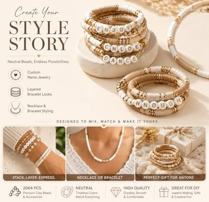 Believo 24-Grid DIY Clay Beads Bracelet Kit - 4 Soft Beige Colors Polymer Clay Beads + Golden Spacer Beads & Alphabet Beads + 5m Elastic Cord for Jewelry Making, Friendship Bracelets & Gift Crafts - Image 6