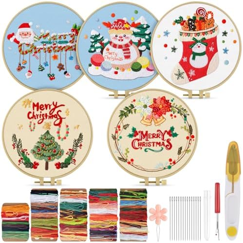 TINDTOP Christmas Embroidery Kit for Adult, 5 Pack Embroidery DIY Starter Kit, with Stamped Patterns, Hoop, Tools, Colorful Threads with Needles, Instructions by TINDTOP