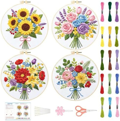 BEUNITONE 4pcs Embroidery Kit, Flower Stamped Embroidery Kits with Hoop, Thread & Needles, Colorful Bouquet Cross Stitch Kits Sewing Gifts for Adults and Beginners, DIY Craft for Relaxation by BEUNITONE