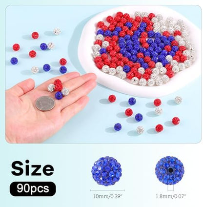90pcs 10mm Rhinestone Beads for Jewelry Making, Red+White+Dark Blue Shiny Round Shamballa Disco Beads, Sparkle Crystal Clay Christmas for Bracelet Baseball Necklace Earring Crafting and DIY - Image 3