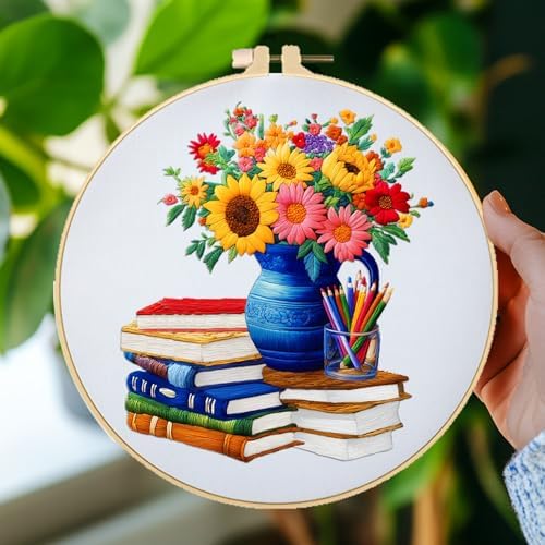 BEUNITONE 4 Set Book Flower Embroidery Kit for Adult Beginners 7.9x7.9 DIY Cross Stitch Kits Needlepoint Starter Kit with Pre-Printed Design and Hoops, Stamped Embroidery Kit for Home Ofiice Decor - Image 5