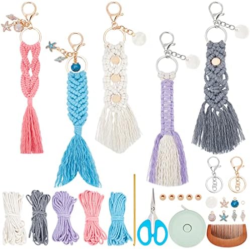 INFUNLY 5 Set Ocean Themed Macrame Kit for Adults DIY Macrame Wristlet Keychain Kits Macrame Boho Keychain with Tassels Cotton Cord Instruction for Car Key Purse Phone Wallet Charm by INFUNLY