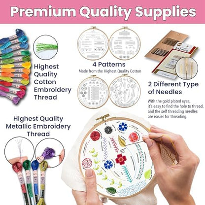 Moni Crafts Embroidery Kit for Beginners – DIY Hand Embroidery Set for Adults with 4 Stamped Patterns, Hoop, Threads, Needles and Step-by-Step Stitch Guide to Learn 33 Stitches - Image 5