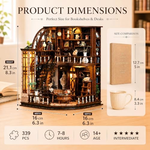 Book Nook Kit-DIY Miniature House for Adult and Teen Beginners, 3D Wooden Library Dollhouse with LED Light, Bookshelf Decor (Basque Study) - Image 3