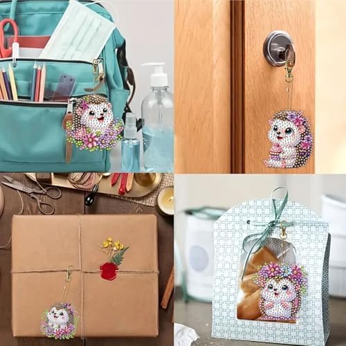 15 pcs Summer Theme Diamond Art Keychain Ornaments Double Sided 5D DIY Diamond Painting Keychain Kits for Adults Key Ring Art Pendant Decor (Hedgehog) - Image 4