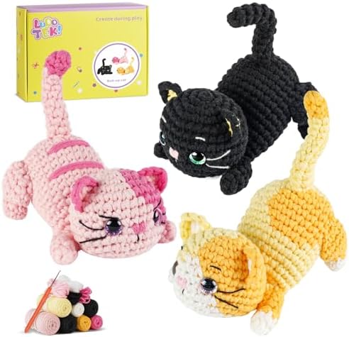 Crochet Kit for Beginners, 3-Pack cat Animal Kits for Adults, Amigurumi Set by Unknown