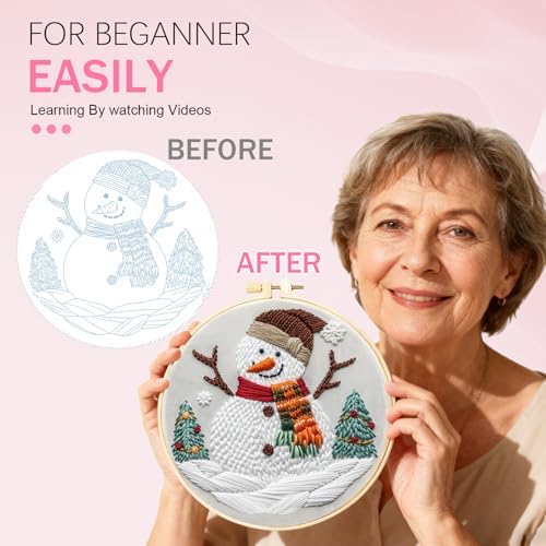 Huacan Embroidery Kit for Beginners Adults, Easy Needlepoint Kits for Adults with Stamped Embroidery Patterns. (Snowman) - Image 5