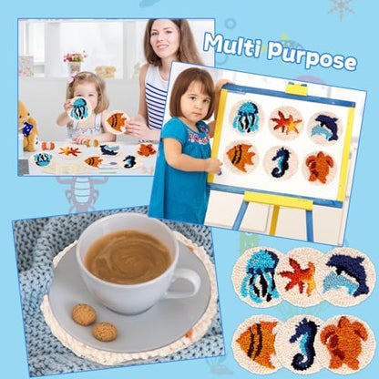 Ocean Punch Needle Coaster Kit for Beginners 6 Sea Animals Design Coasters Easy Punch Needle Embroidery Kit for Adults Kids DIY Tufted Pads with Adhesive Felt Yarns Tools Embroidery Hoop Instruction - Image 6