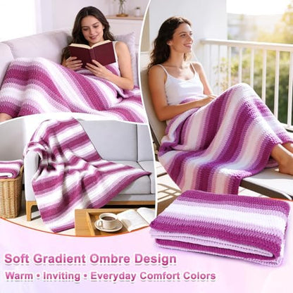 Reessy Crochet Blanket Kit for Adult Beginners, Purple Ombre Chenille Yarn - Image 6