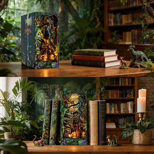 fifijoy Jungle Adventure Book Nook Kit - DIY Miniature Dollhouse Booknook for Adults, 3D Wooden Puzzle Bookend Bookshelf Decor with LED Light and Sound Effects, Creative Gift for Family, Friends - Image 2