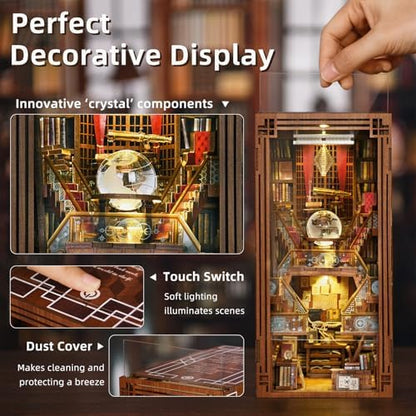 MiniCity Book Nook Kit, DIY Miniature Dollhouse Booknook Kit, 3D Wooden Puzzle Bookend Bookshelf Insert Decor with LED Light for Teens and Adults (Beyond Library) - Image 3