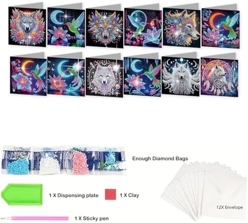 12 Pack 5D Diamond Painting Greeting Cards Kit with Envelopes, DIY Wolf Hummingbird Diamond Art Cards, Rhinestone Mosaic Christmas Birthday Thank You Holiday Cards for Adults - Image 6