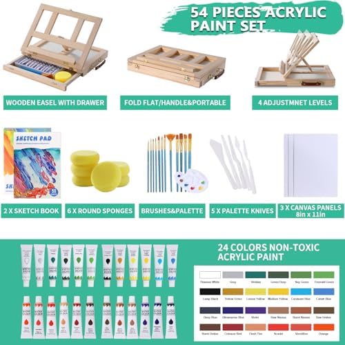 54 Pieces Complete Acrylic Paint Set with Portable Wooden Tabletop Easel - Image 2