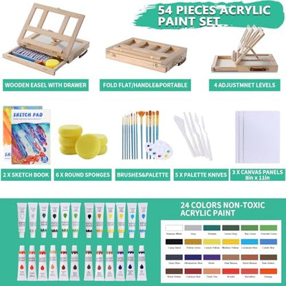 54 Pieces Complete Acrylic Paint Set with Portable Wooden Tabletop Easel - Image 2