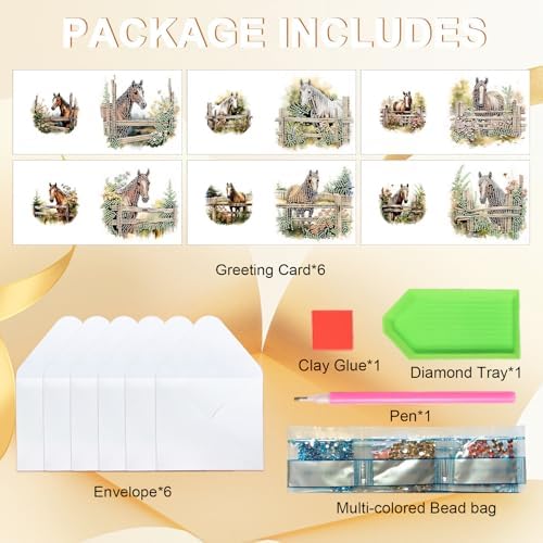 MVVMTOP 6pcs Diamond Art Painting Greeting Card, DIY Horse Diamond Art Greeting Card for Blessing and Wishe Special Shaped Diamond Arts Crafts for Birthday Thanksgiving Day - Image 3