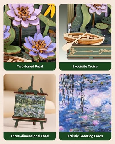 3D Wooden Puzzles for Adults Monet Water Lily DIY Model Building Kits with LED Light - Home Decor, Wall Art & Unique Creative Gifts for Art Lovers/Men/Women - Image 4