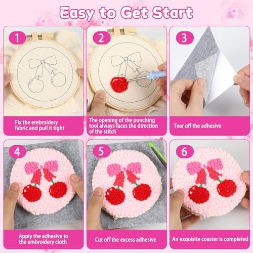 Pink Punch Needle Coaster Kit Strawberry Bow Floral Pattern Coasters Easy Punch Needle Embroidery Kit for Adults Beginner DIY Tufted Pads with Adhesive Felt Yarns Tools Embroidery Hoop Instruction - Image 4