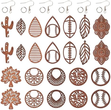 Elecrelive 12 Pairs Filigree Wood Dangle Earring Kits Leaf Teardrop Cactus Baseball Rugby Wooden Earring Pendants Saddle Brown with Ear Wires for Jewelry Craft Making by EEEELECRELIVE