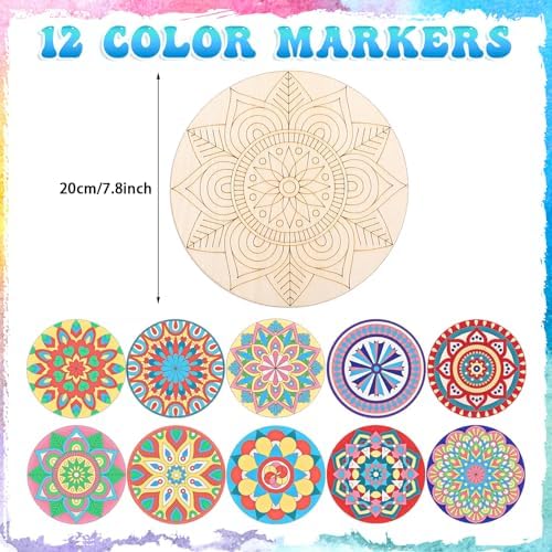 Vercraft 22 Pcs Wooden Mandala Painting Set 10 Cutouts 12 Markers, Vintage - Image 2