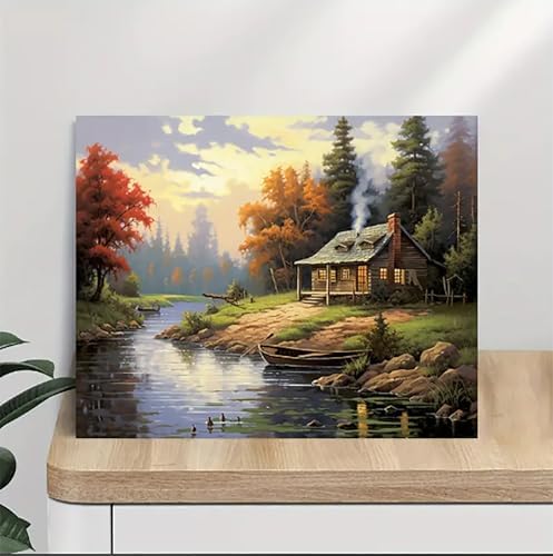 MaiMMaledy Paint by Numbers Kit for Adults Beginners 8Wx12L inch Canvas Pictures with Framed Drawing Painting Works with Wooden Triangle Easel Acrylic Pigment Riverside Cabin - Image 4