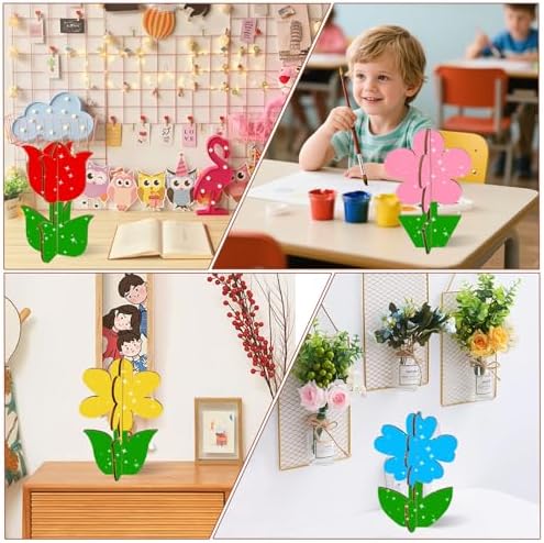 24PCS 3D Flower Spring Wood Crafts to Paint for Kids Adults, 4 Styles Unfinished Wood Crafts to Paint, Flowers Ornaments for Painting Decorations, Easy Crafts for Kids/Adults/Seniors - Image 6
