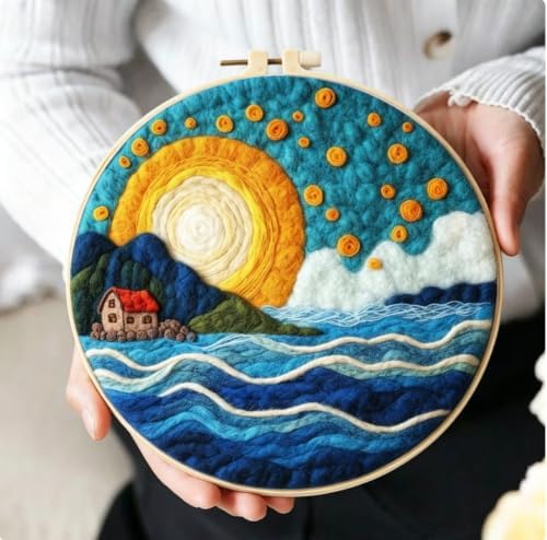 PRUGERAHER 3 Sets Wool Felt Sets Seascape Scenery Needle Felting Kits DIY Handmade Wool Felt Painting Kits Home Decor Needle Felt Starter Sets Gifts with Instructions and Foam Pad for Beginners (Red) - Image 2