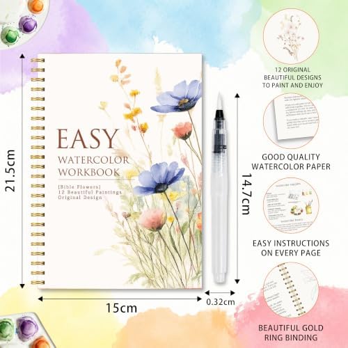 Christian Gift, Bible Flowers Watercolor Workbook, Watercolor Workbook with 12 Different Bible Wildflower Designs, Flower Water Coloring Book Set with Water Paintbrush, Christian Gift for Boys Girls - Image 2