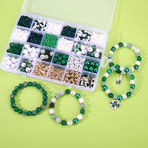 HSWE Game Day Beads for Bracelets Making Kit Heishi Clay Pearl Letter Assorted Round Bead Gold Spacer Beads Football Charms for DIY Bracelets Necklace Jewelry Making (Green White Beads Kit25) - Image 2