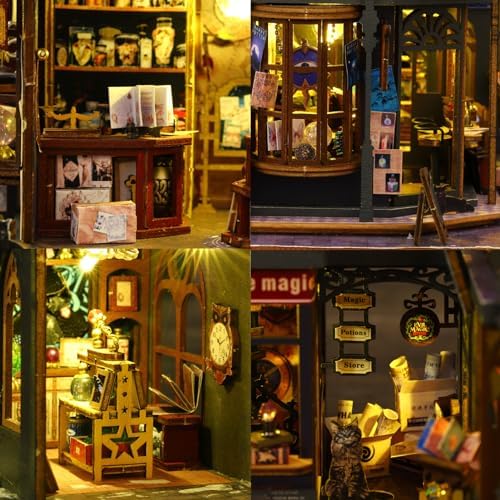 Plustopoy Miniature House Kit DIY Mini House Building Kit with LED Light, DIY Mini Dollhouse with Furniture Book Nook Kit, 3D Wooden Puzzle Wooden Bookend Shelf Insert Decro (Holo Magic City) - Image 2