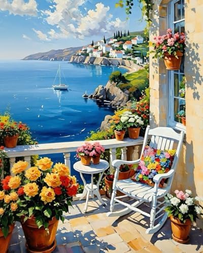 Paint by Numbers Kit for Adults, Coastal Balcony Painting, 16 x 20 Inch by GEEHEIY