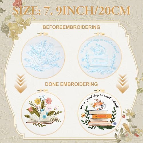 ElasignShopo 4 Set Embroidery Kit for Beginners Adults Book Lovers Embroidery Starter Kit Books Flowers Pattern Hand Crewel Cross Stitch Kits Includes Instruction 2 Hoops Color Threads Needles - Image 3