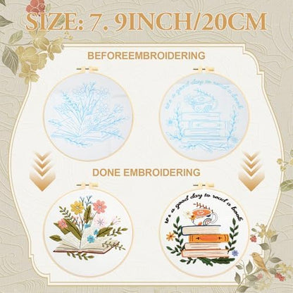 ElasignShopo 4 Set Embroidery Kit for Beginners Adults Book Lovers Embroidery Starter Kit Books Flowers Pattern Hand Crewel Cross Stitch Kits Includes Instruction 2 Hoops Color Threads Needles - Image 3