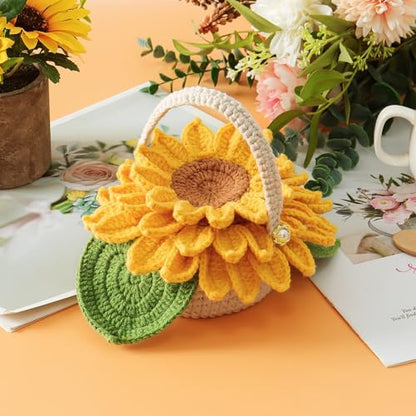 LOMOHOO Crochet Kit for Beginners, 5PCS Crochet Coasters Kit, Sunflower Potted Plant Crochet Kit with Crochet Hook, Colorful Yarn, Stitch Marker, Instruction, Craft Lover DIY Material Tools(Sunflower) - Image 4