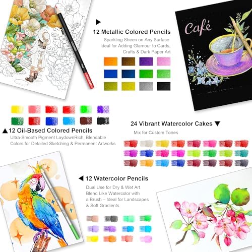 KALOUR 206 Drawing Set Sketching Kit,Art Supplies with 3-color Sketchbook & Coloring Paper,Include Tutorial, Colored, Graphite, Charcoal, Watercolor & Metallic Pencil,for Artists Adults Teens Beginner - Image 6