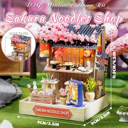 Kisoy Dollhouse Miniature with Furniture Kit, DIY 3D Wooden DIY House Kit with Dust Cover, Handmade Tiny House Toys for Teens Adults Gift (Sakura Noodles Shop) - Image 2