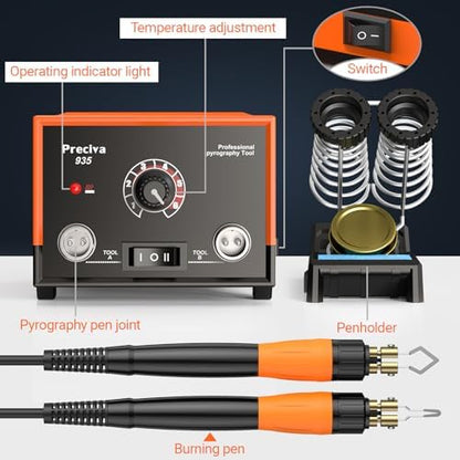 Preciva 935 Dual Handle Wood Burning Kit - Professional Pyrography Tool with 20 Wire Nibs & Pen Holder | Adjustable Temp 482~1382℉ | for Wood Burning, Leather Craft, Art Designs - Image 5