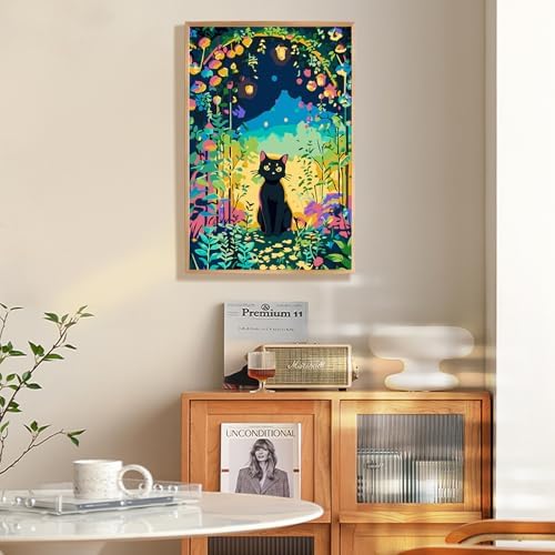Fountor Framed Paint by Numbers Kit for Adults Beginner & Kids Ages 8-12, Black Cat Paint by Number with Frame, Easy Acrylic Cat Flowers Painting by Numbers Kit on Canvas 8x12 inch - Image 2