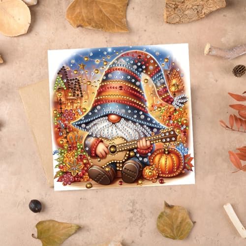 jinglinhh 6pcs Diamond Art Painting Pumpkin Guitar Gnome Greeting Cards with Envelopes, DIY Card Making Kits for Adults, Diamond Art Postcards Christmas Cards Craft Gifts - Image 5