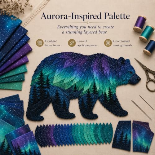 Northern Lights Animal Embroidery Kit DIY Fabric Patchwork Craft Set (BEAR) - Image 5