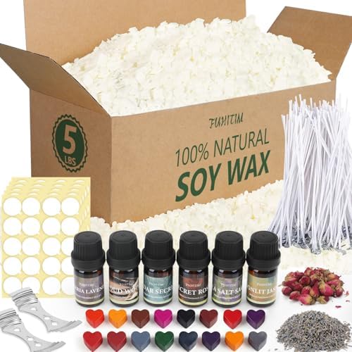 FUHITIM Soy Candle Wax Kit for Candle Making 5 lbs Bag, Premium Natural Soy Wax Flakes, No additives and Pure, 100 Cotton Candle Wicks, Fragrance Oils, Dried Flowers & Pigment Colors by FUHITIM