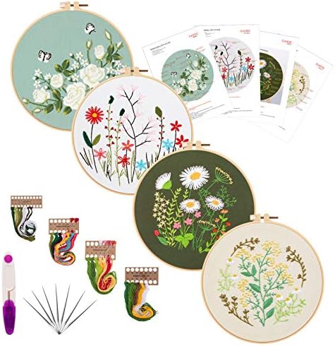 Picoey Embroidery Starters Kit with Pattern for Beginners, 4 Pack Cross Stitch Kits, 2 Wooden Embroidery Hoops,Scissors,Needles and Color Threads,Needlepoint Kit for Adults by Picoey
