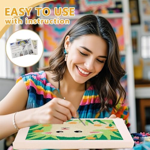 DOODLREAM Lamb Grass DIY Punch Needle Embroidery Kit for Adult Beginner, 9.4" Sheep Flowers Animal Punch Stitching Craft Set for Starter with Frame, Fabric Pattern, Threader, Yarn, Pinch Needle - Image 3